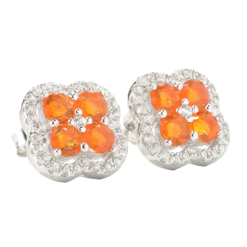 Sterling Silver Fire Opal and Cubic Zirconia Clover Earrings