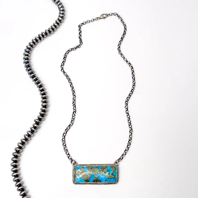 P Yazzie | Navajo Handmade Sterling Silver Chain Necklace with Kingman Turquoise Bar