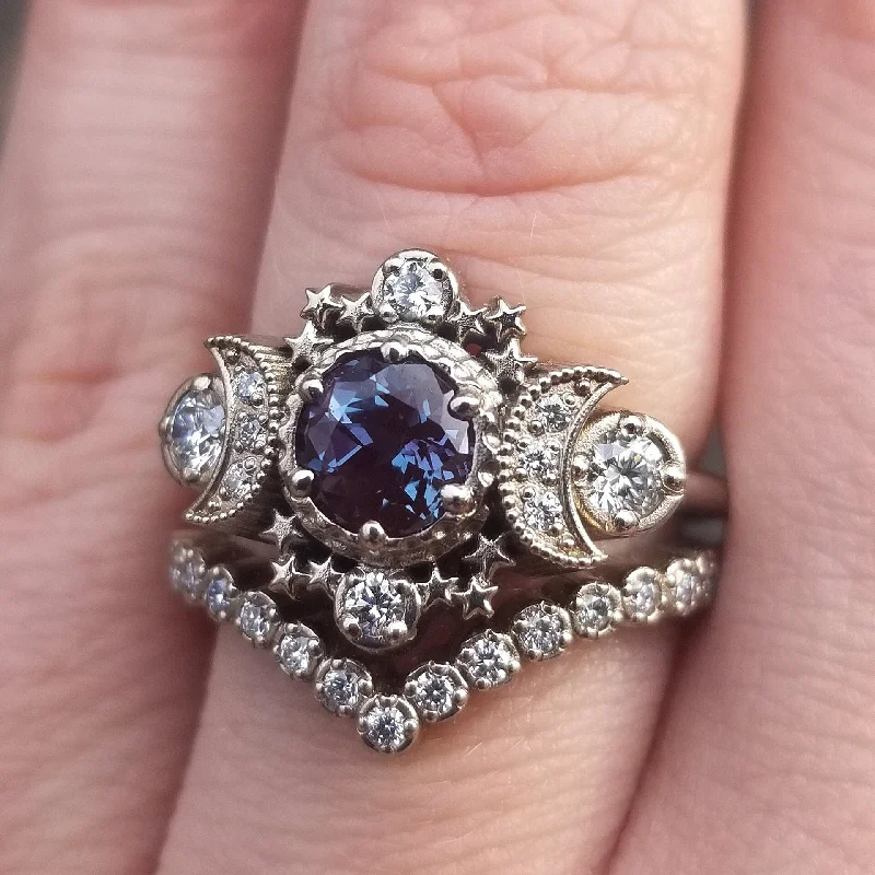 Alexandrite Bridal Set Cosmos White Gold Moon Engagement Ring - Natural Diamond Crescent and Stardust Fine Unique Jewelry Wedding Ring Set Custom Pick Your Center Stone