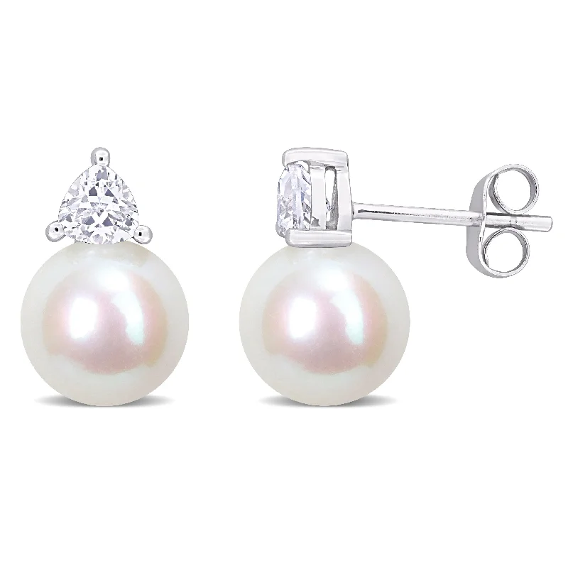 Miadora 8-8.5mm Cultured Freshwater Pearl and 3/4ct TGW Created White Sapphire Stud Earrings in 10k White Gold