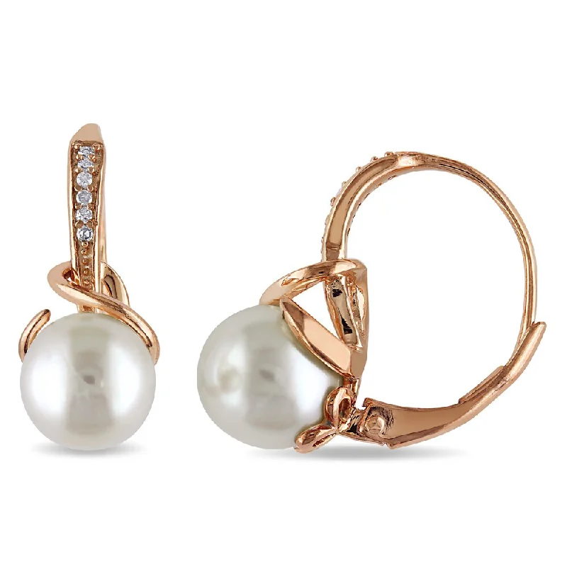 Miadora Rose Plated Silver Cultured Pearl and Diamond Accent Earrings (8-8.5 mm)