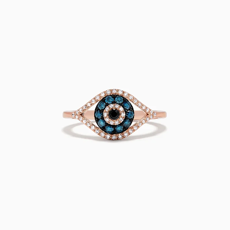 Novelty 14K Gold Blue, White and Black Diamond Evil Eye Ring, 0.37 TCW