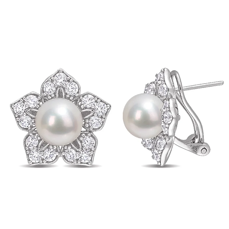 Miadora Cultured FW Pearl and Created White Sapphire Floral Earrings in Sterling Silver (8.5-9mm)