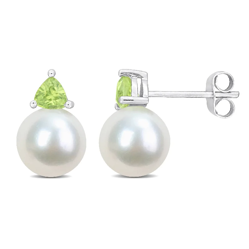 Miadora 8-8.5mm Cultured Freshwater Pearl and 3/5ct TGW Peridot Stud Earrings in 10k White Gold - 13 mm x 8.5 mm x 8.5 mm