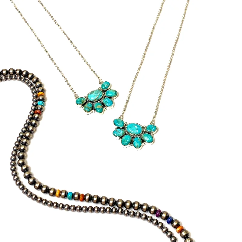 Hada Collection | Handmade Sterling Silver Seven Stone Cluster Necklace with Kingman Turquoise Stones