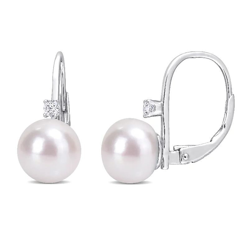 Miadora Sterling Silver Cultured Freshwater Pearl & Cubic Zirconia Drop Leverback Earrings (9-9.5mm)