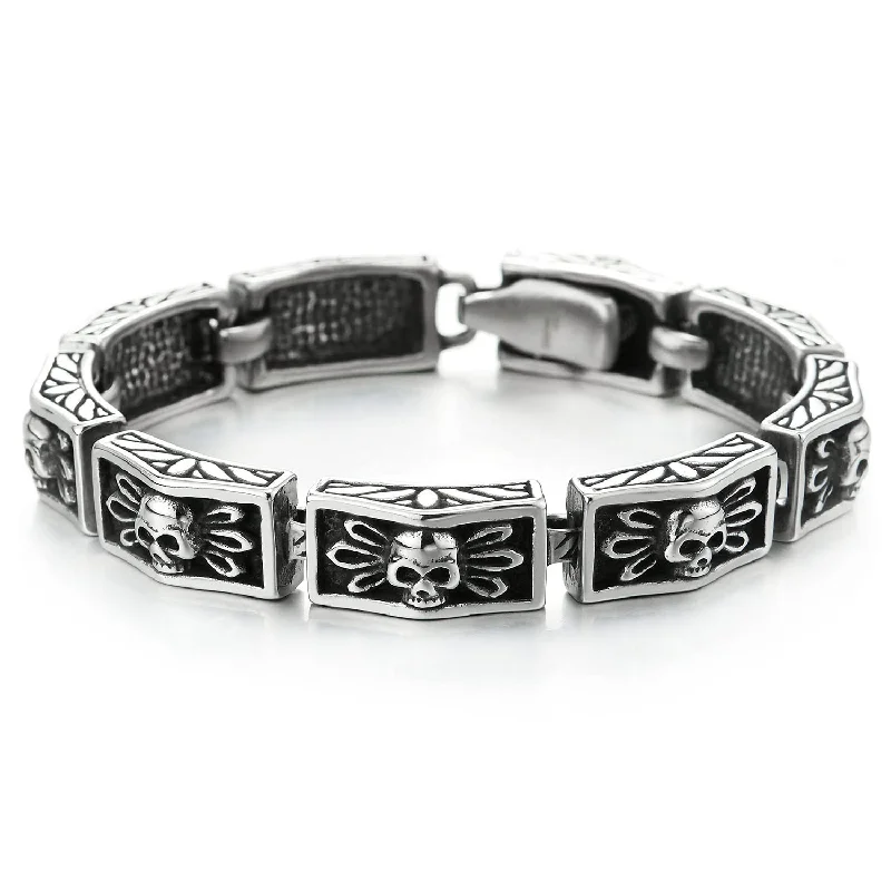 Heavy and Study Mens Stainless Steel Wing Skull Link Bracelet Silver Black Polished, Biker Gothic