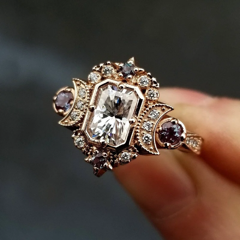 Radiant Selene Moon Goddess Engagement Ring - Moissanite , Diamond and Chatham Alexandrite - 14k Rose Gold - Celestial Bohemian