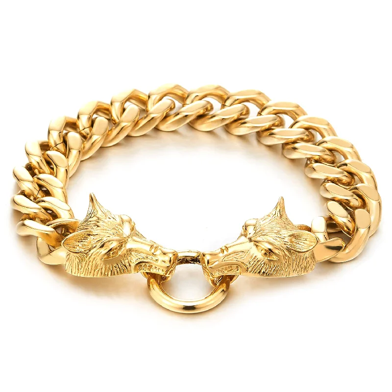 Biker Punk Rock Mens Gold Color Steel Wolf Head Curb Chain Bracelet with Spring Ring Clasp, 9 Inches