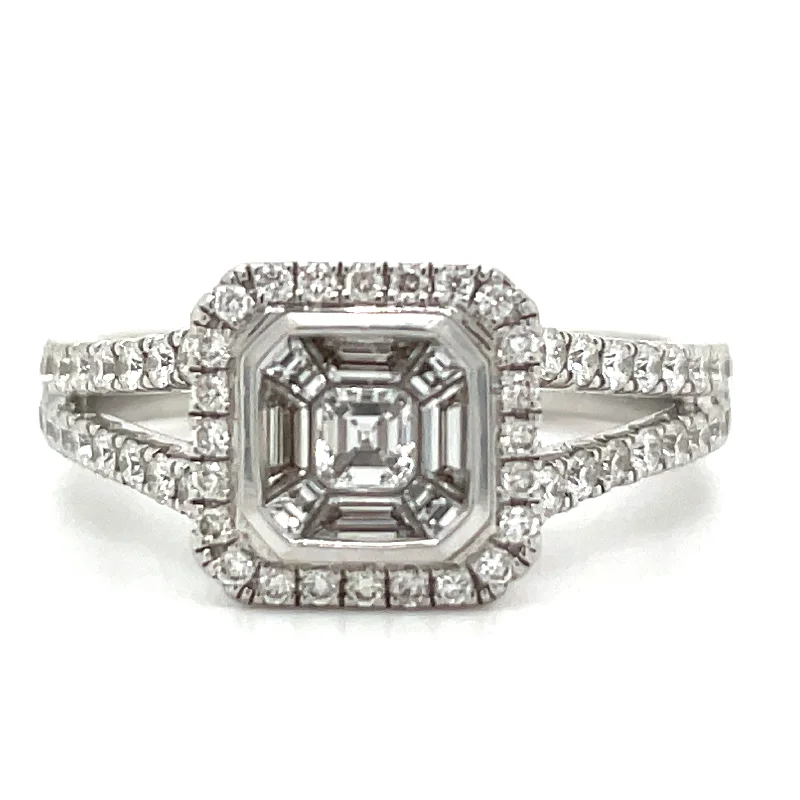 18ct White Gold Baguette & Asscher Halo Earth Grown Diamond Engagement Ring