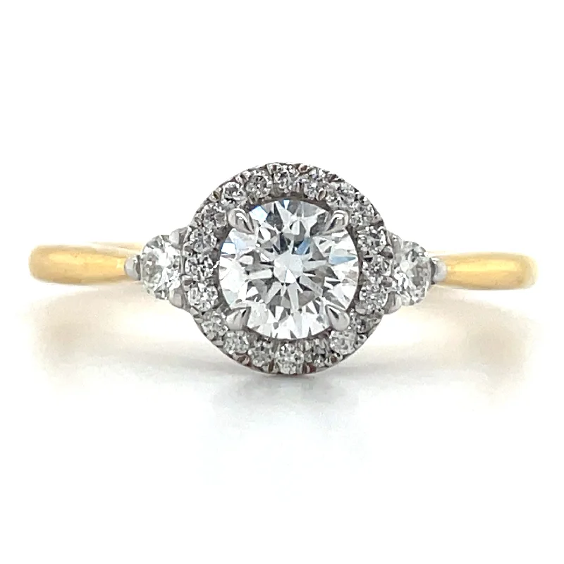 Cara - 18ct Yellow Gold Round Halo With Two Side Stone Diamond Engagement Ring