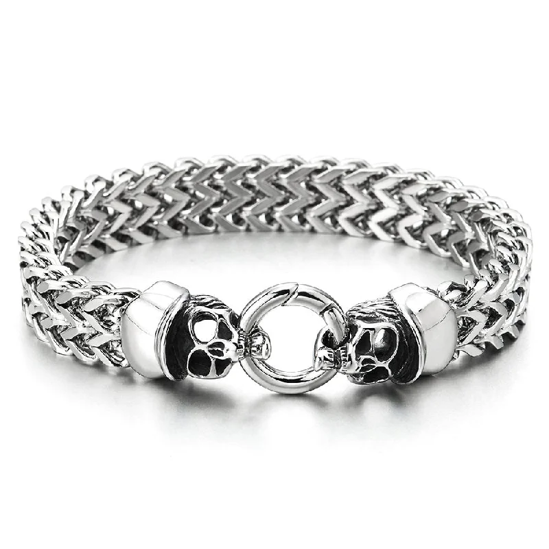 Gothic Mens Stainless Steel Cap Skull Franco Link Curb Chain Bracelet, Spring Ring Clasp 8.7 Inches