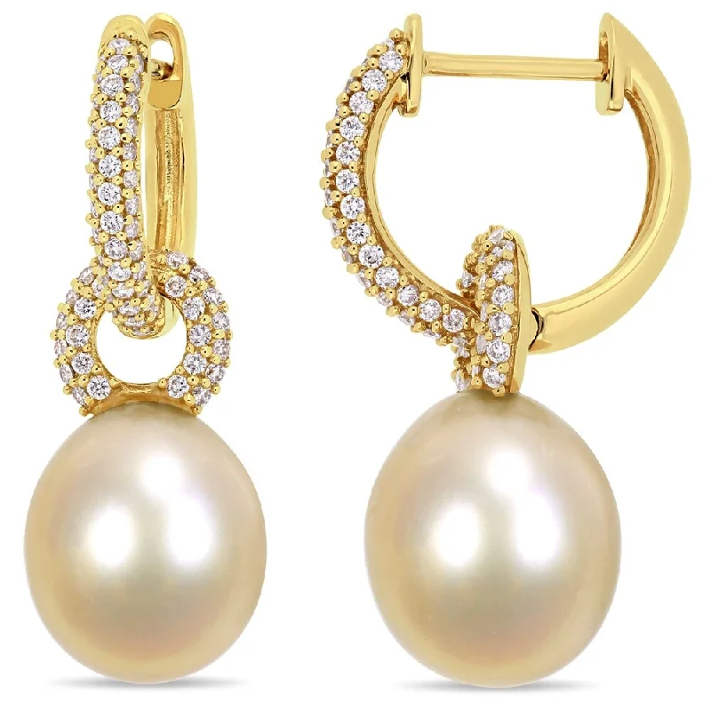 Miadora 14k Yellow Gold South Sea Cultured Pearl 1/2ct TDW Diamond Drop Hoop Earrings (9-9.5 mm)