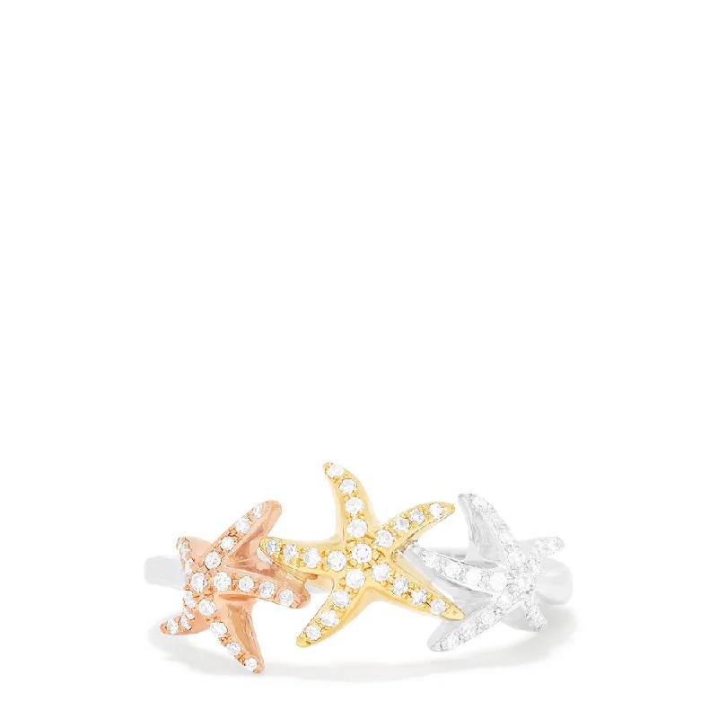 Seaside 14K Tri Color Gold Diamond Starfish Ring, 0.23 TCW