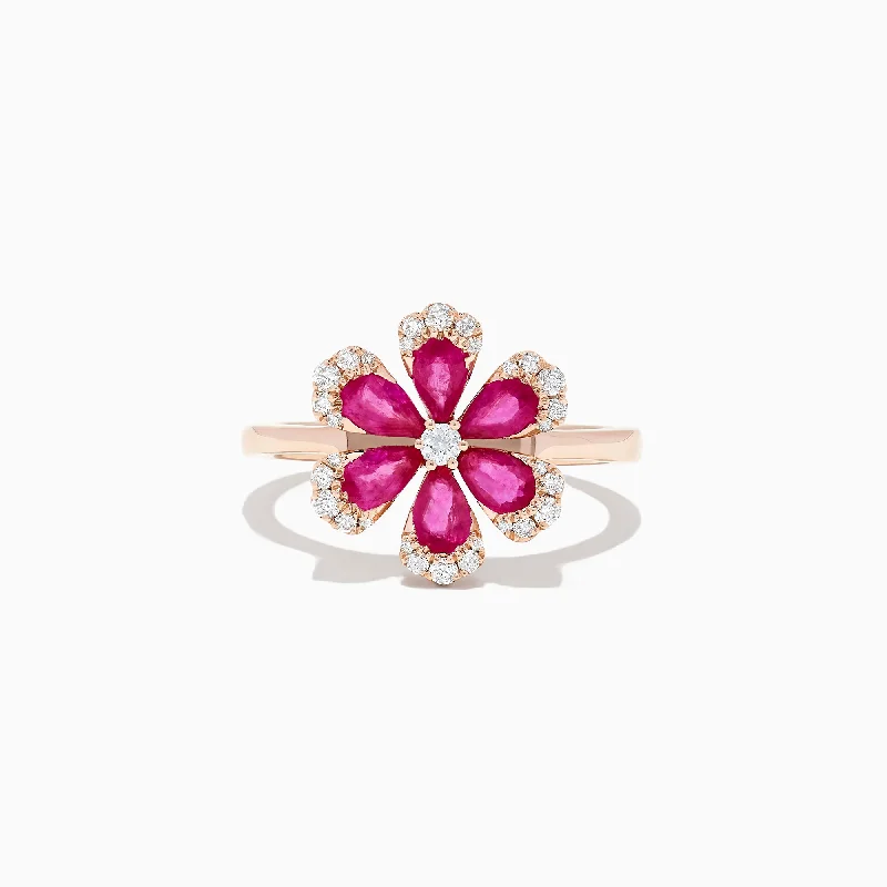 Nature 14K Rose Gold Ruby and Diamond Flower Ring, 1.76 TCW