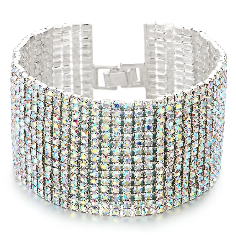 Dazzling Rainbow Rhinestones Pave Cluster Wide Bangle Bracelet