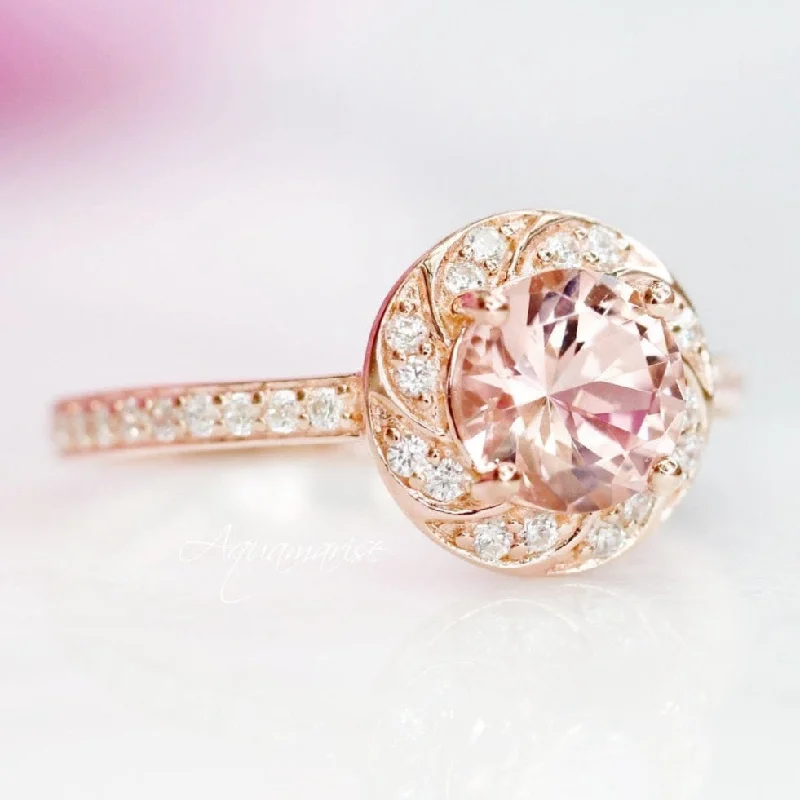 Twisted Halo Morganite Engagement Ring- 14K Solid Rose Gold