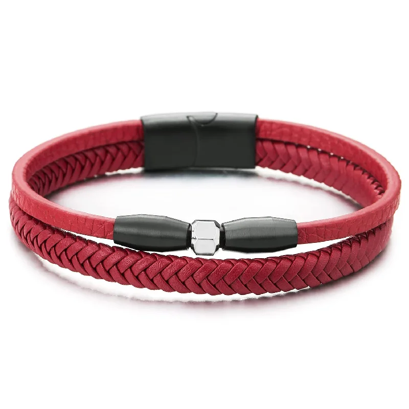 Two-Strand Red Braided Leather Bangle Bracelet with Black Steel Bead Charm, Magnetic Clasp