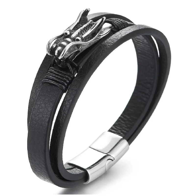 Steel Dragon Head Three-Strand Black Leather Bangle Bracelet with Cotton Rope and Magnetic Clasp