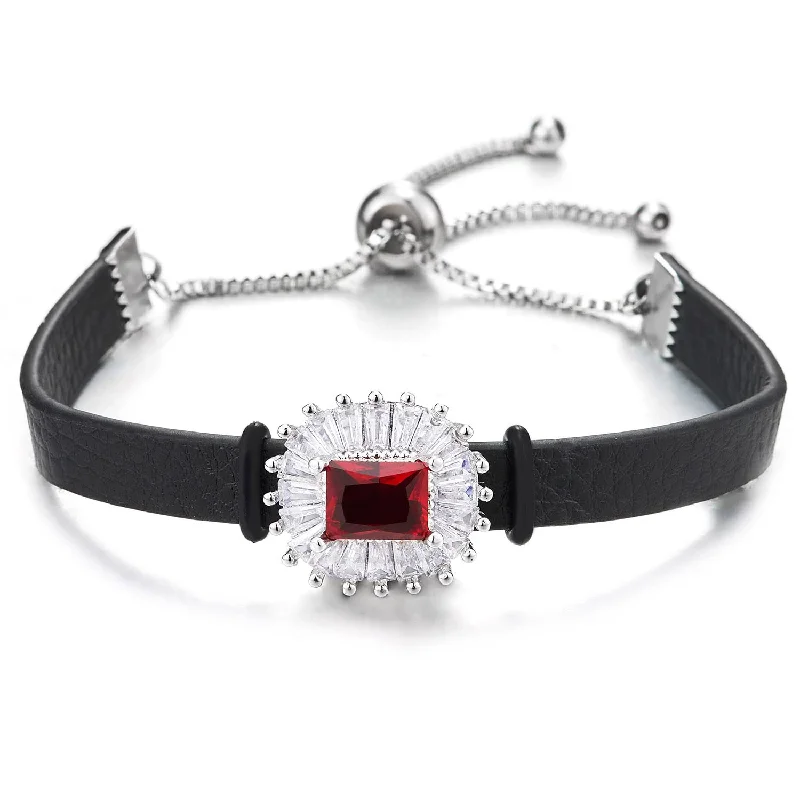 Women White and Red Cubic Zirconia Bracelet with Black Leather Strap, Adjustable