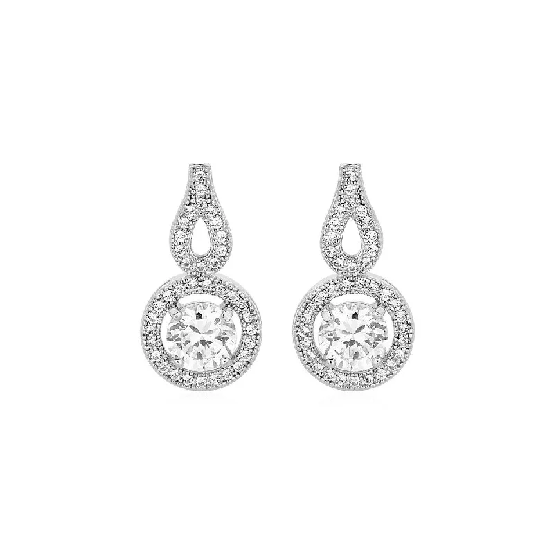 Earrings with Circle Teardrop Motif with Cubic Zirconia Sterling Silver