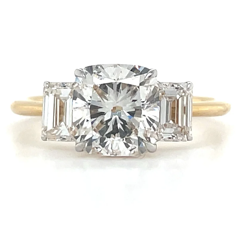 Ellisa - 14ct Yellow Gold 2.83ct Cushion & Emerald Cut Trilogy Laboratory Grown Diamond Engagement Ring