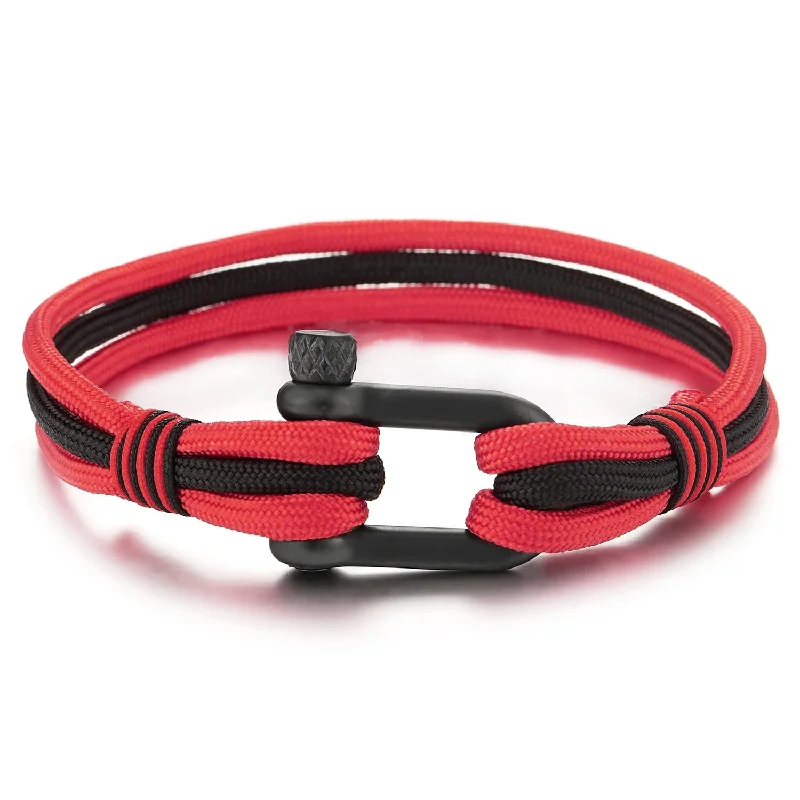 Mens Womens Steel Screw Anchor Shackles Nautical Sailor Black and Red Rope Wrap Bracelet Wristband