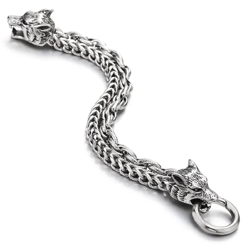 Mens Biker Steel Double Wolf Heads Curb Chain Braided Rope Chain Bracelet with Spring Ring Clasp