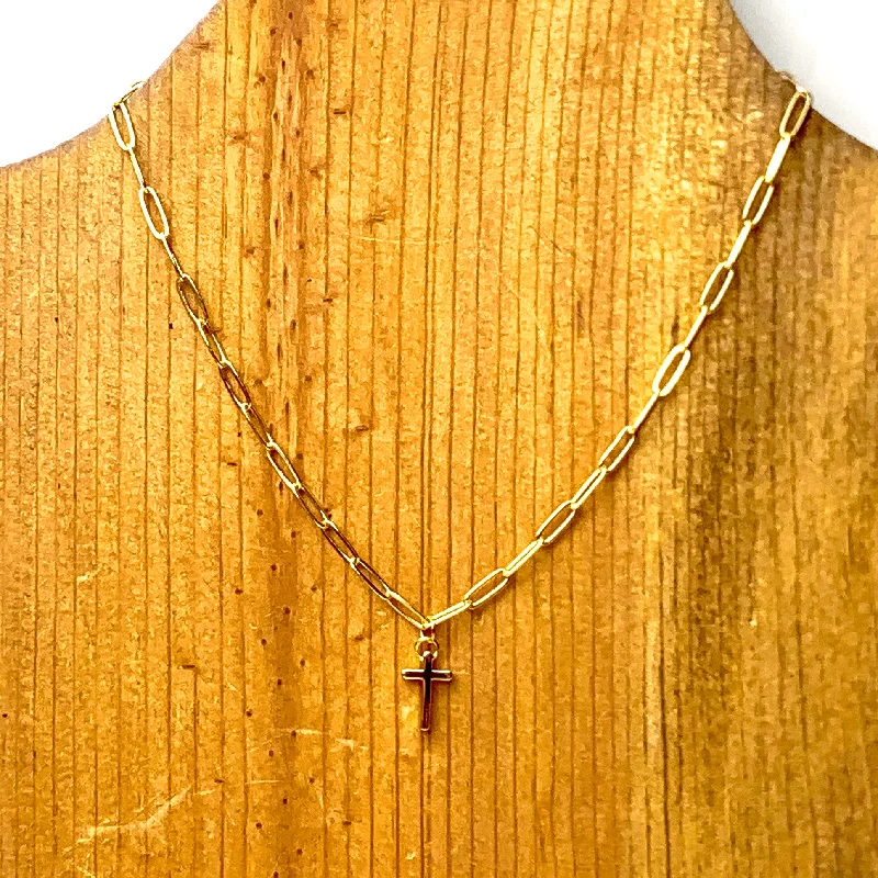 Paperclip Chain Necklace with Cross Charm in Gold