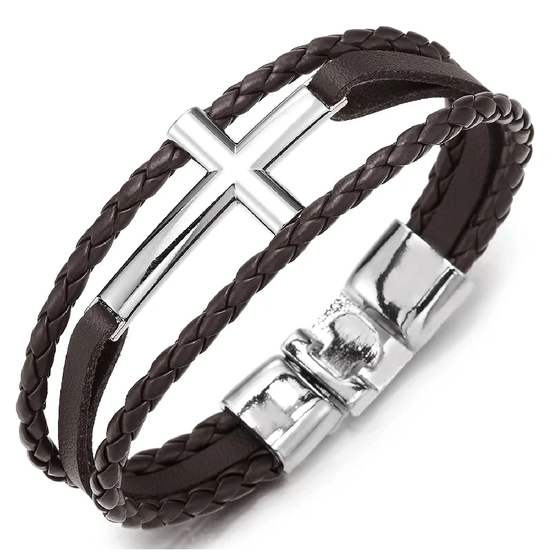 Men Women Horizontal Sideway Lateral Cross Brown Braided Leather Bangle Wristband Bracelet Three-Row