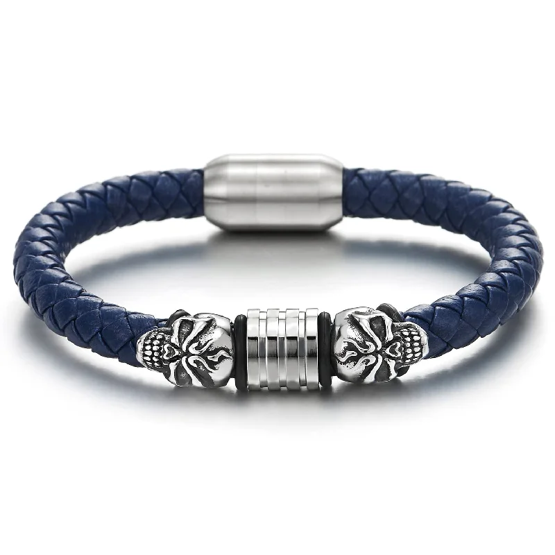 Mens Steel Skull Blue Leather Bracelet Genuine Leather Wristband Bangle with Steel Magnetic Clasp