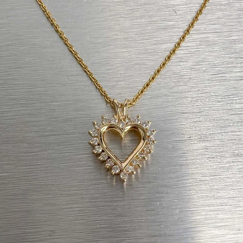 14k Yellow Gold Diamond Halo Open Heart Necklace 0.25ctw H SI2 16" 4.8 grams