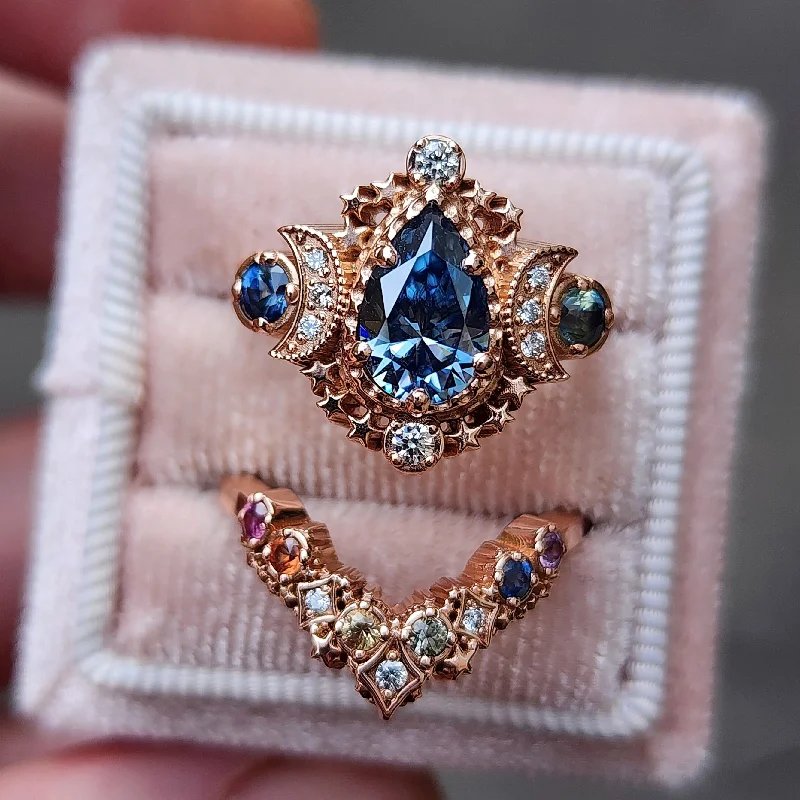 Size 4.5-6.5 14k Rose Gold Blue Moissanite Pear Cosmos Engagement Ring with Rainbow Sapphire Stardust Chevron