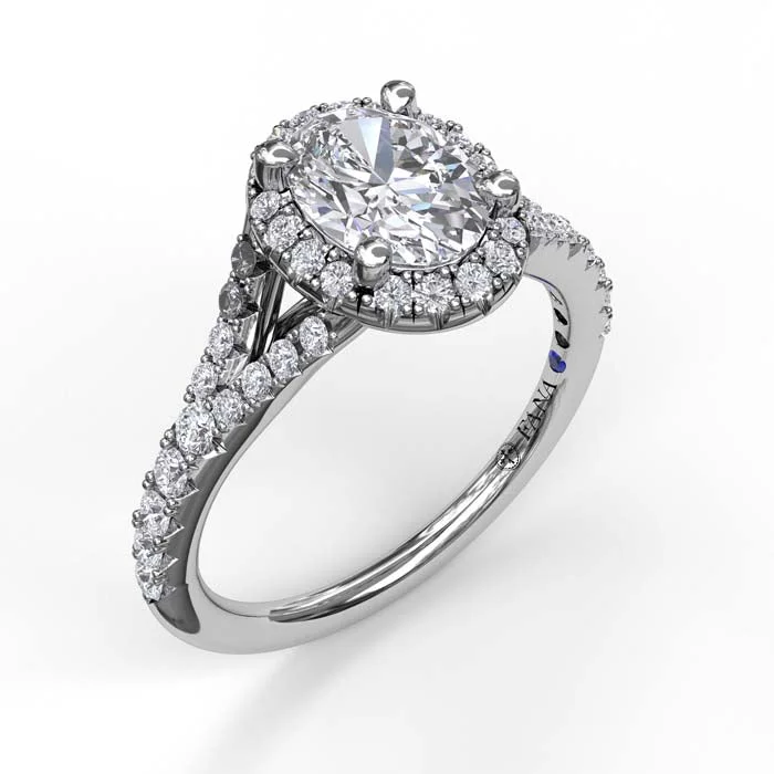 Fana .49TW Oval Halo Split-Shoulder Engagement Ring Semi Mounting in 14K White Gold