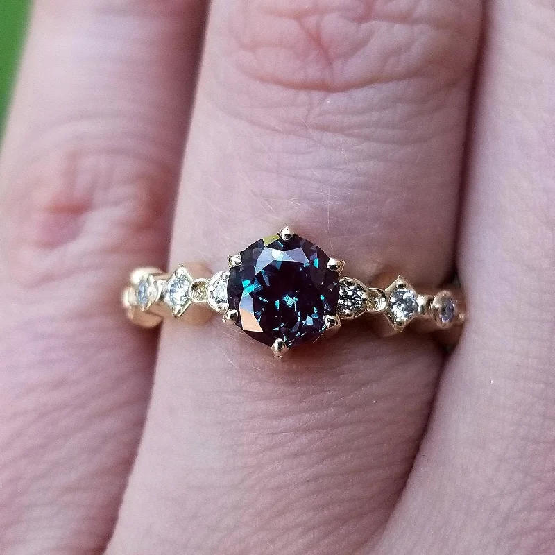 Ready to Ship Size 6-8 Mini Moon Chatham Alexandrite Diamond Engagement Ring - Crescents and White Diamonds - Modern Bridal