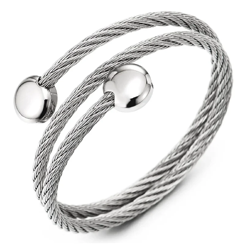 Mens Womens Stainless Steel Three Strands Magnetic Cuff Bangle Bracelet Adjustable