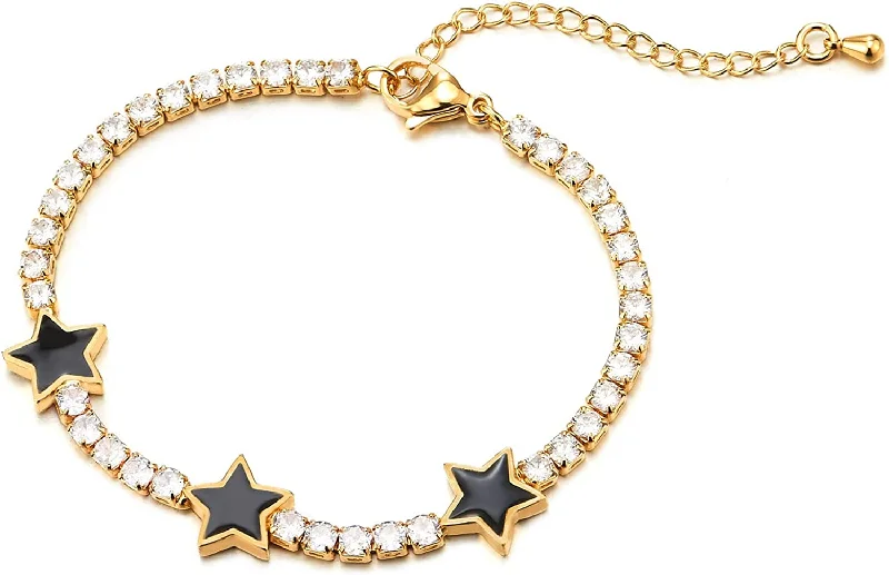 Womens Cubic Zirconia Pave Gold Color Link Chain Bracelet with Three Stars, Adjustable, Sparkling