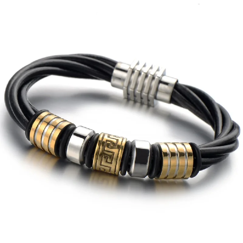 Mens Black Braided Leather Bracelet with Steel Greek Key Charms in Gold Color Bangle Wristband