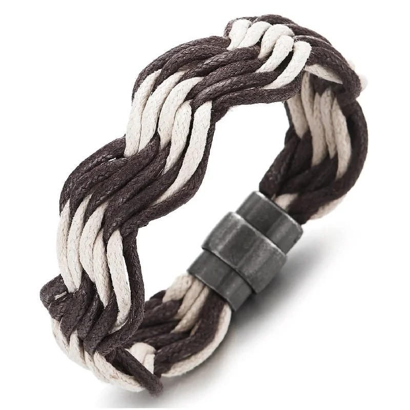 Mens Womens Multi-strand Braided Brown and White Cotton Rope Bangle Bracelet with Magnetic Clasp