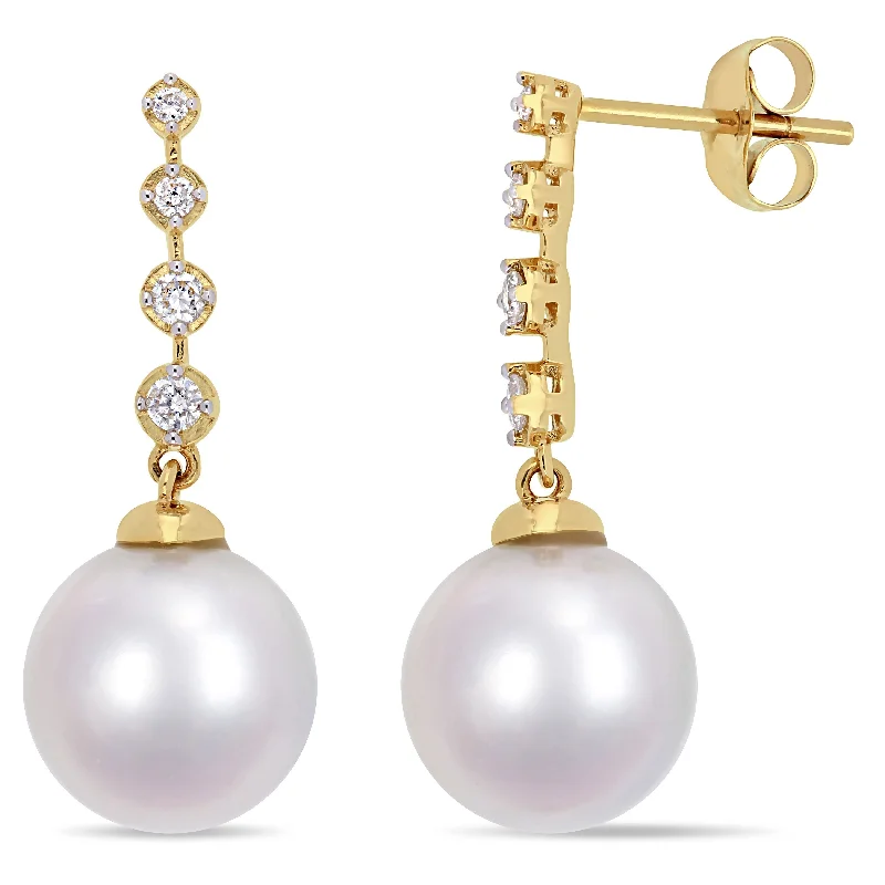 Miadora 10-10.5 mm South Sea Cultured Pearl and 1/6 CT TW Diamond Dangle Earrings in 14k Yellow Gold