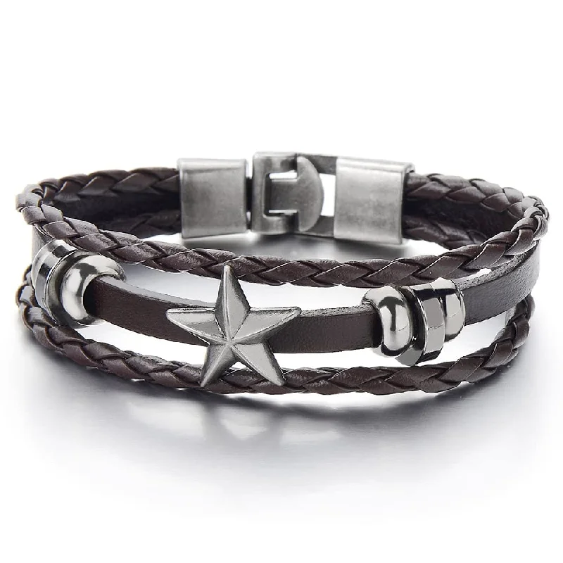 Mens Women Star Brown Braided Leather Bracelet Multi-Strand Leather Wristband Wrap Bracelet