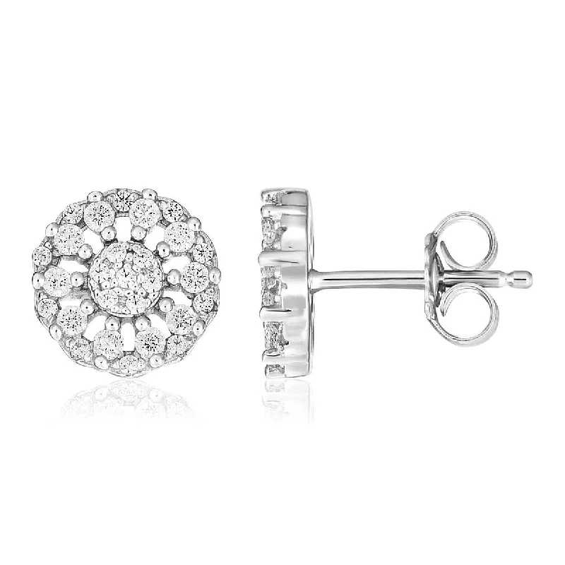 Sterling Silver Polished Halo Set Cubic Zirconia Earrings