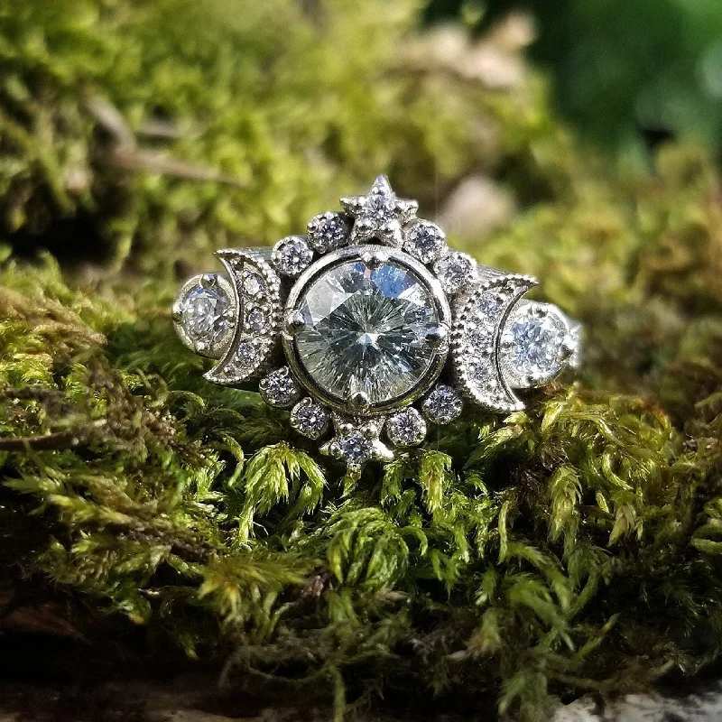 Selene Moon Goddess Engagement Ring - Lab Diamond, Sapphire, Moissanite or Galaxy Diamond Lunar Boho Wedding Ring -14k Palladium White Gold