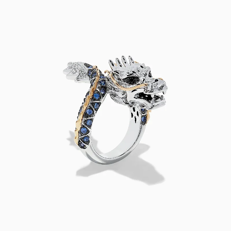 Safari Sterling Silver and 14K Gold Sapphire Dragon Ring, 0.79 TCW