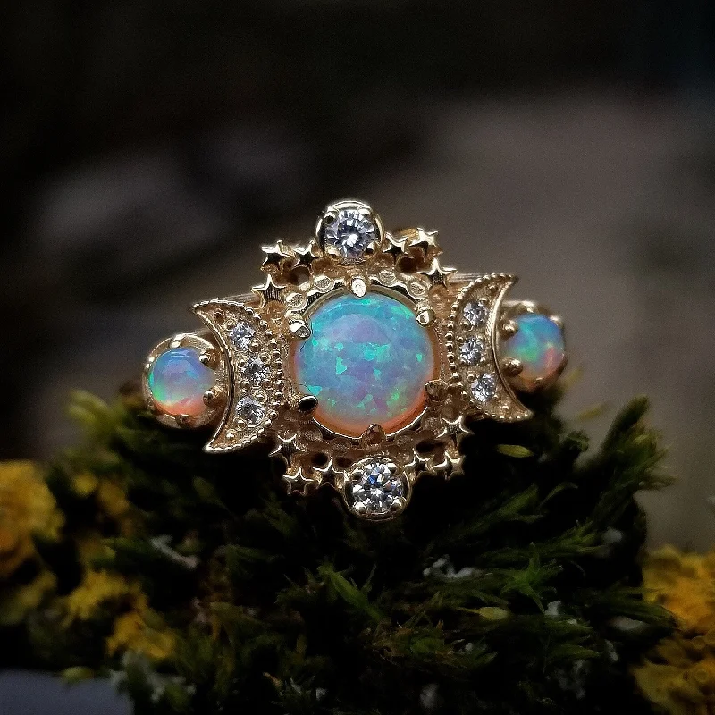 Chatham Opal Cosmos Moon Witchy Engagement Ring - Palladium White Gold Celestial 3 Stone Diamond Stardust Ring -Unique Fine Jewelry