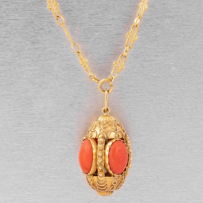 Antique Victorian Etruscan Revival 18k Yellow Gold Coral Pendant Necklace 36.5"