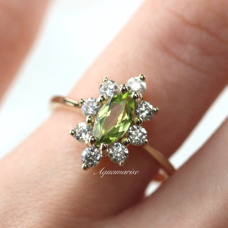 Marquise Natural Peridot Engagement Ring- 14K Solid Yellow Gold