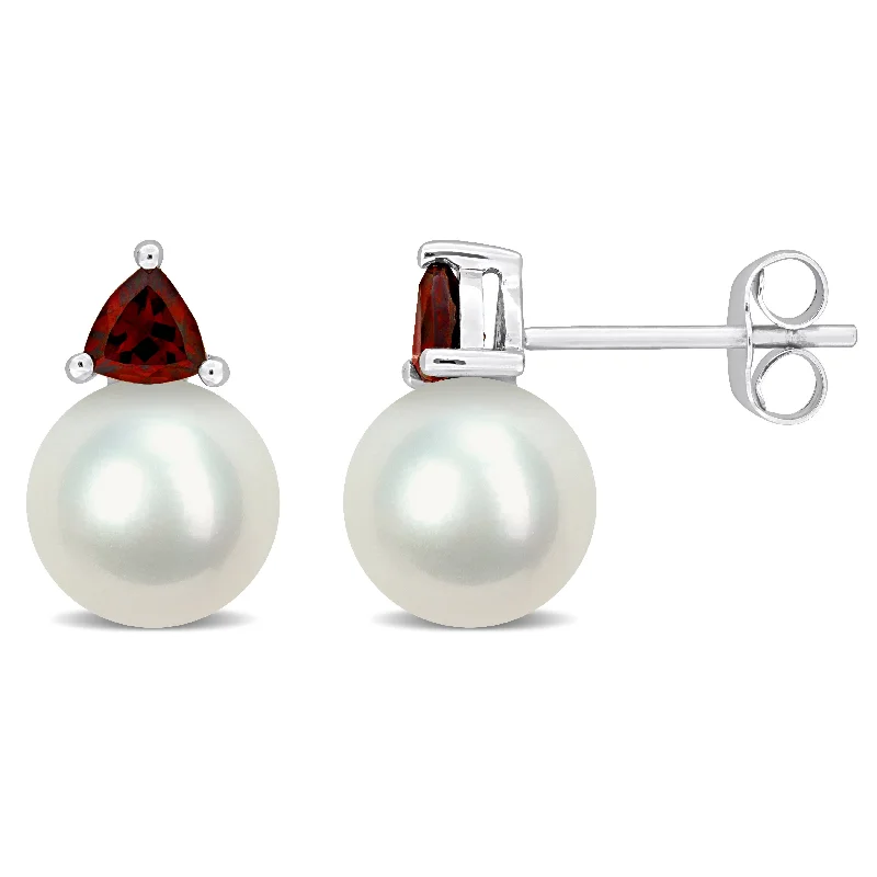 Miadora 8-8.5mm Cultured Freshwater Pearl and 5/8ct TGW Garnet Stud Earrings in 10k White Gold - 13 mm x 8.5 mm x 8.5 mm