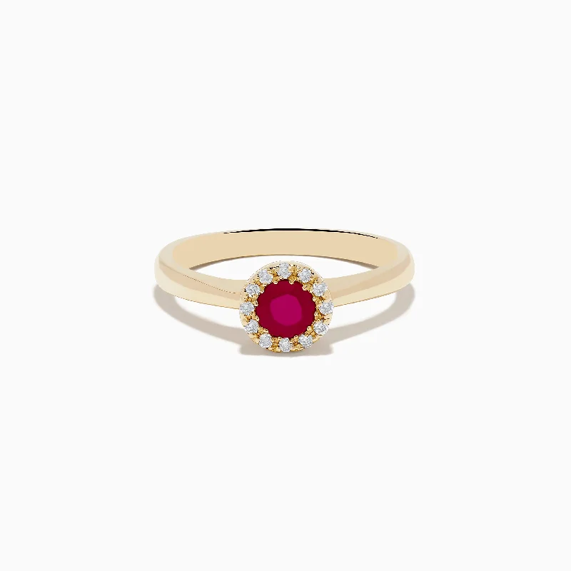 Ruby Royale 14K Yellow Gold Round Diamond Halo Ruby Ring, 0.52 TCW