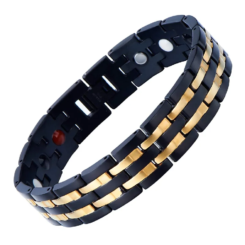 COOLSTEELANDBEYOND Exquisite Stainless Steel Mens Magnetic Bracelet Gold Black with Magnets and Free Link Removal Tool